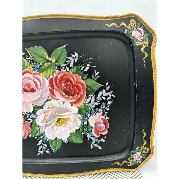 Vintage Black Lithographed Tin Toleware-Style Floral Tray Rectangle 13” x18” - Picture 4 of 7